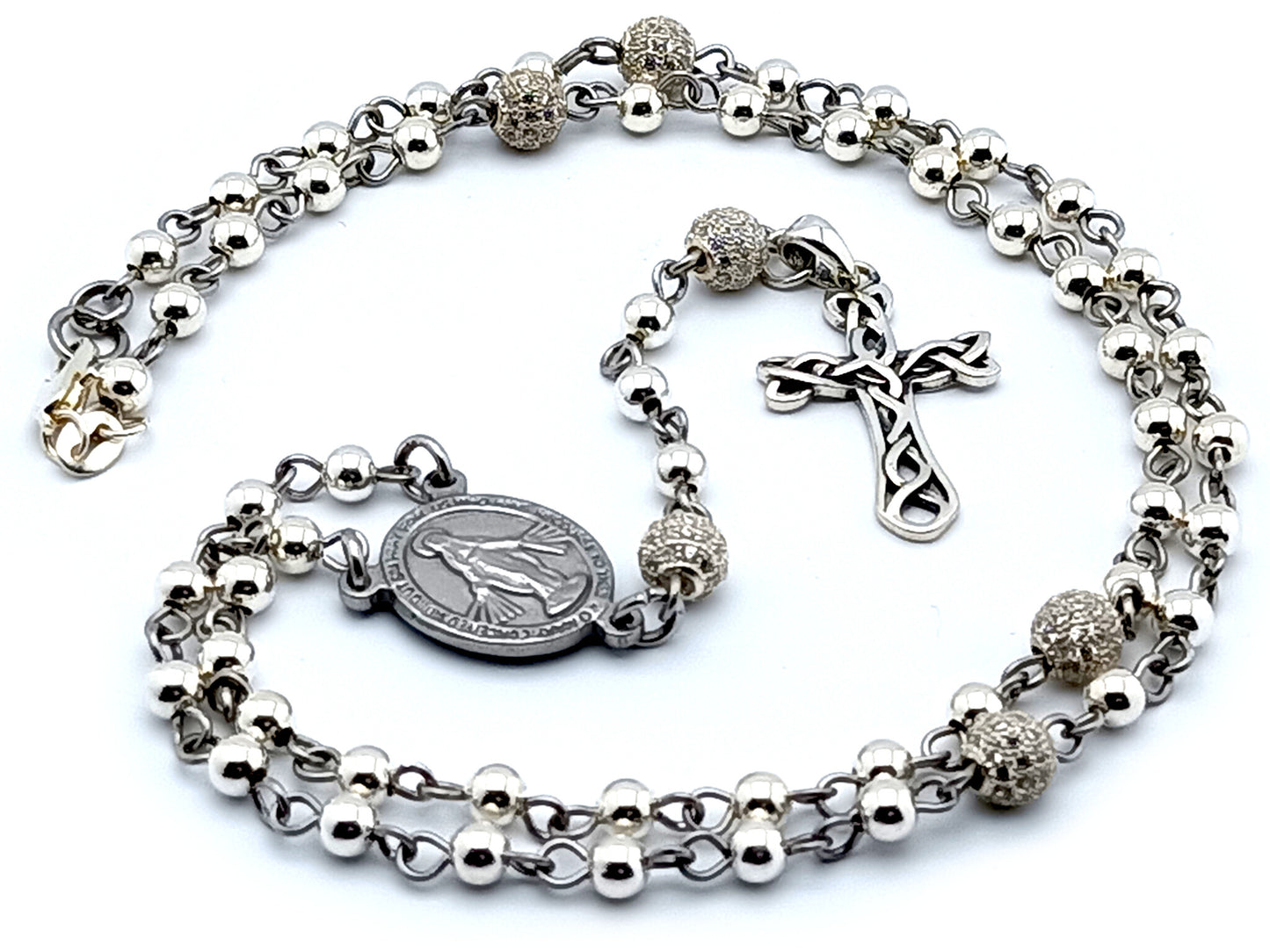 Miraculous medal unique rosary beads sterling silver rosary bead necklace with sterling silver Celtic style cross and crystal and 925 silver Our Father beads.