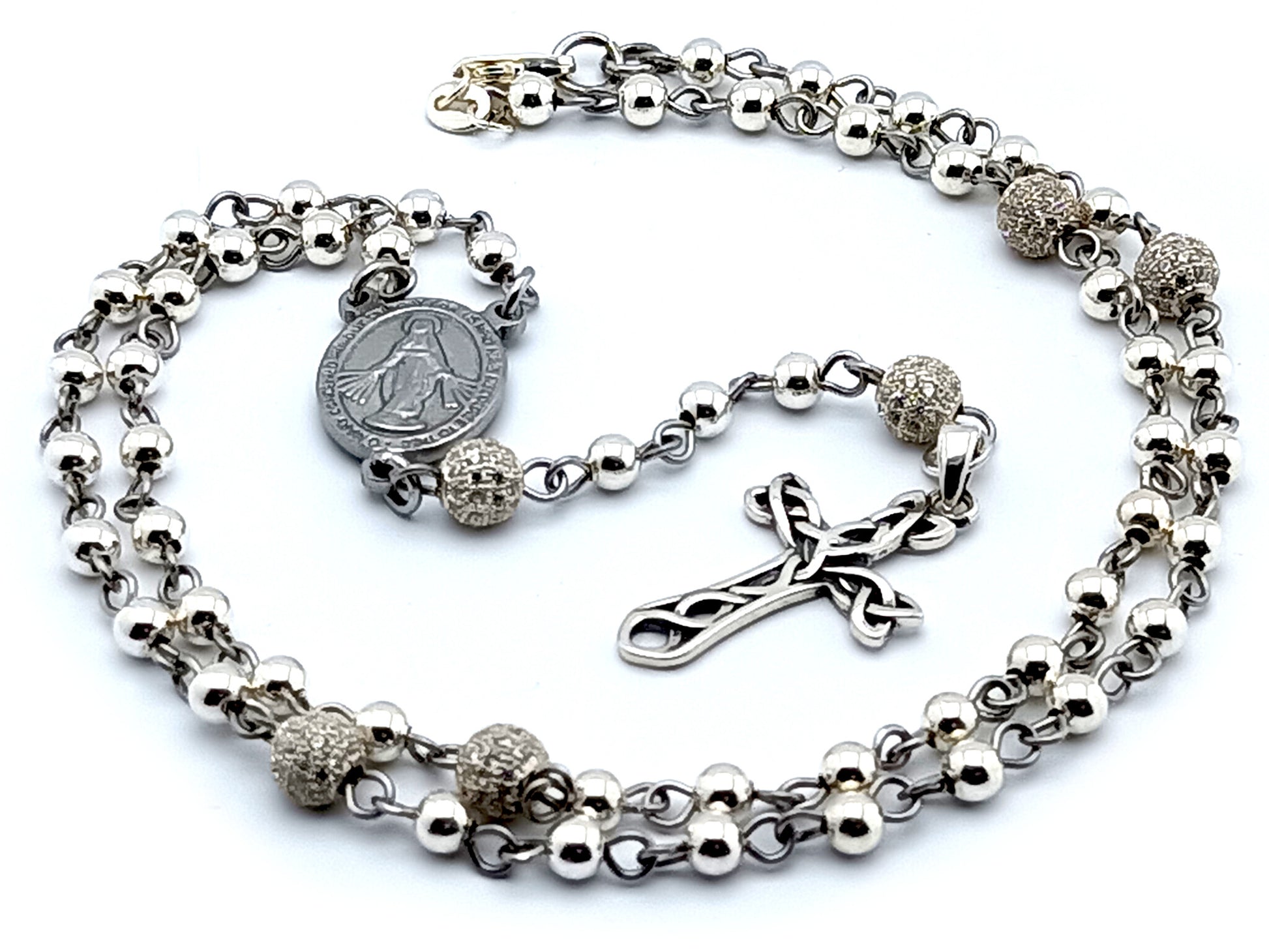 Miraculous medal unique rosary beads sterling silver rosary bead necklace with sterling silver Celtic style cross and crystal and 925 silver Our Father beads.