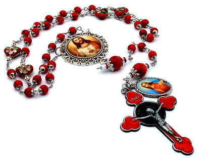 Sacred Heart unique rosary beads gemstone prayer chaplet with enamel Saint Benedict crucifix and cloisonné heart beads.