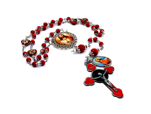 Sacred Heart unique rosary beads gemstone prayer chaplet with enamel Saint Benedict crucifix and cloisonné heart beads.