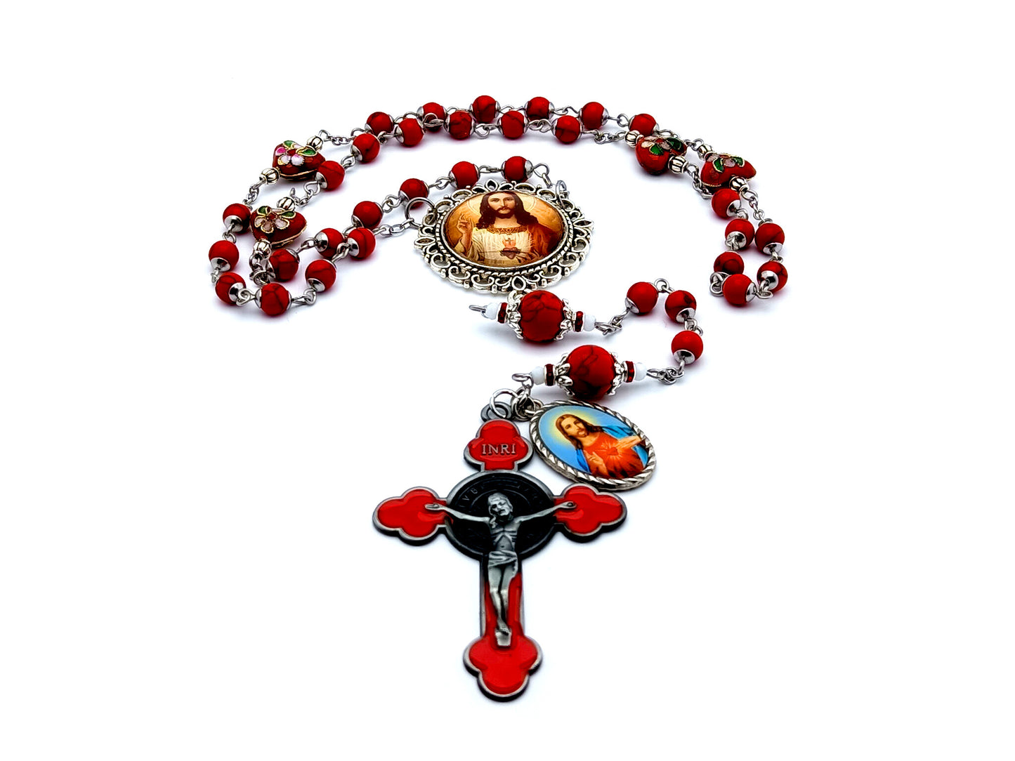 Sacred Heart unique rosary beads gemstone prayer chaplet with enamel Saint Benedict crucifix and cloisonné heart beads.