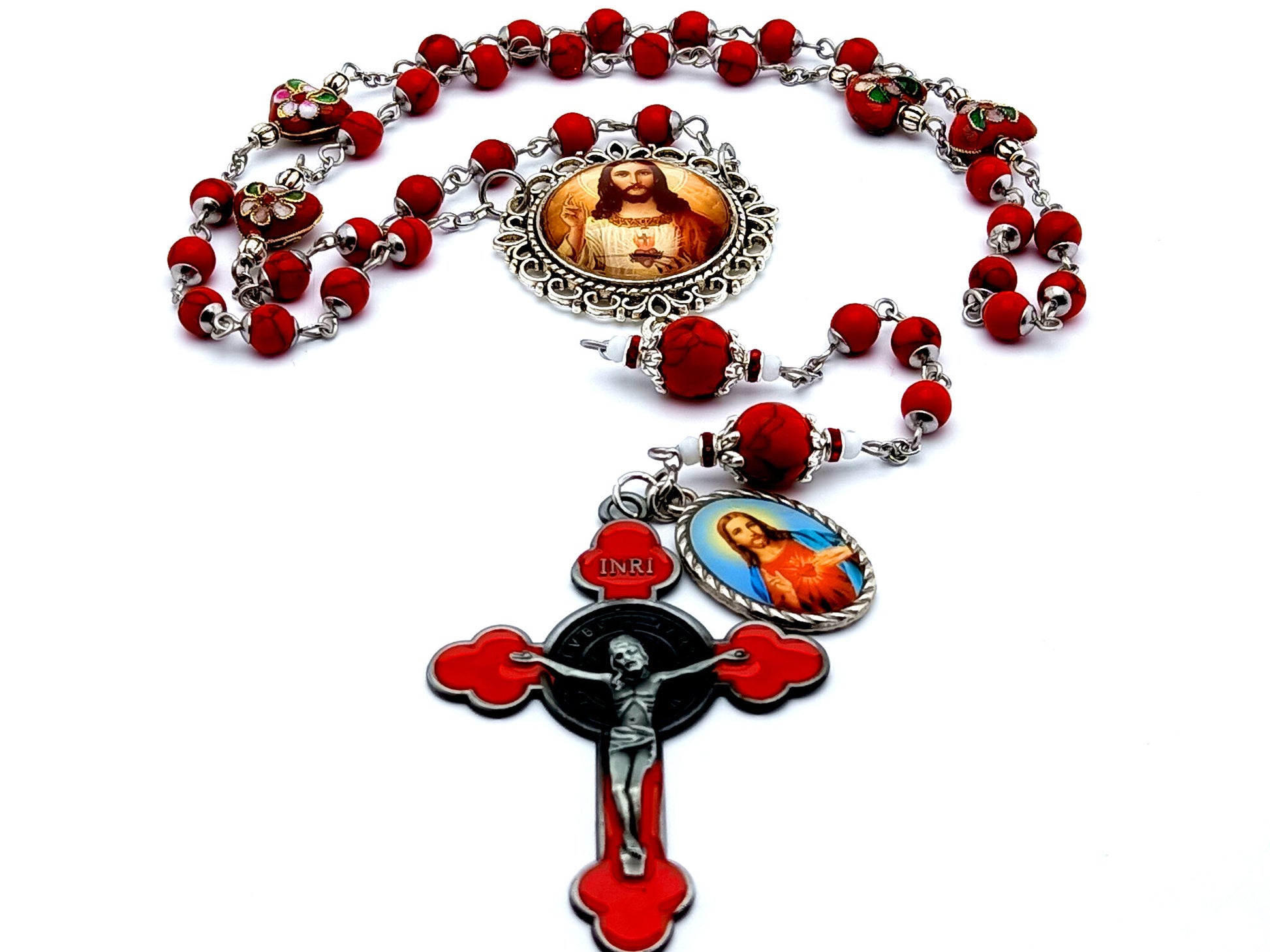 Sacred Heart unique rosary beads gemstone prayer chaplet with enamel Saint Benedict crucifix and cloisonné heart beads.