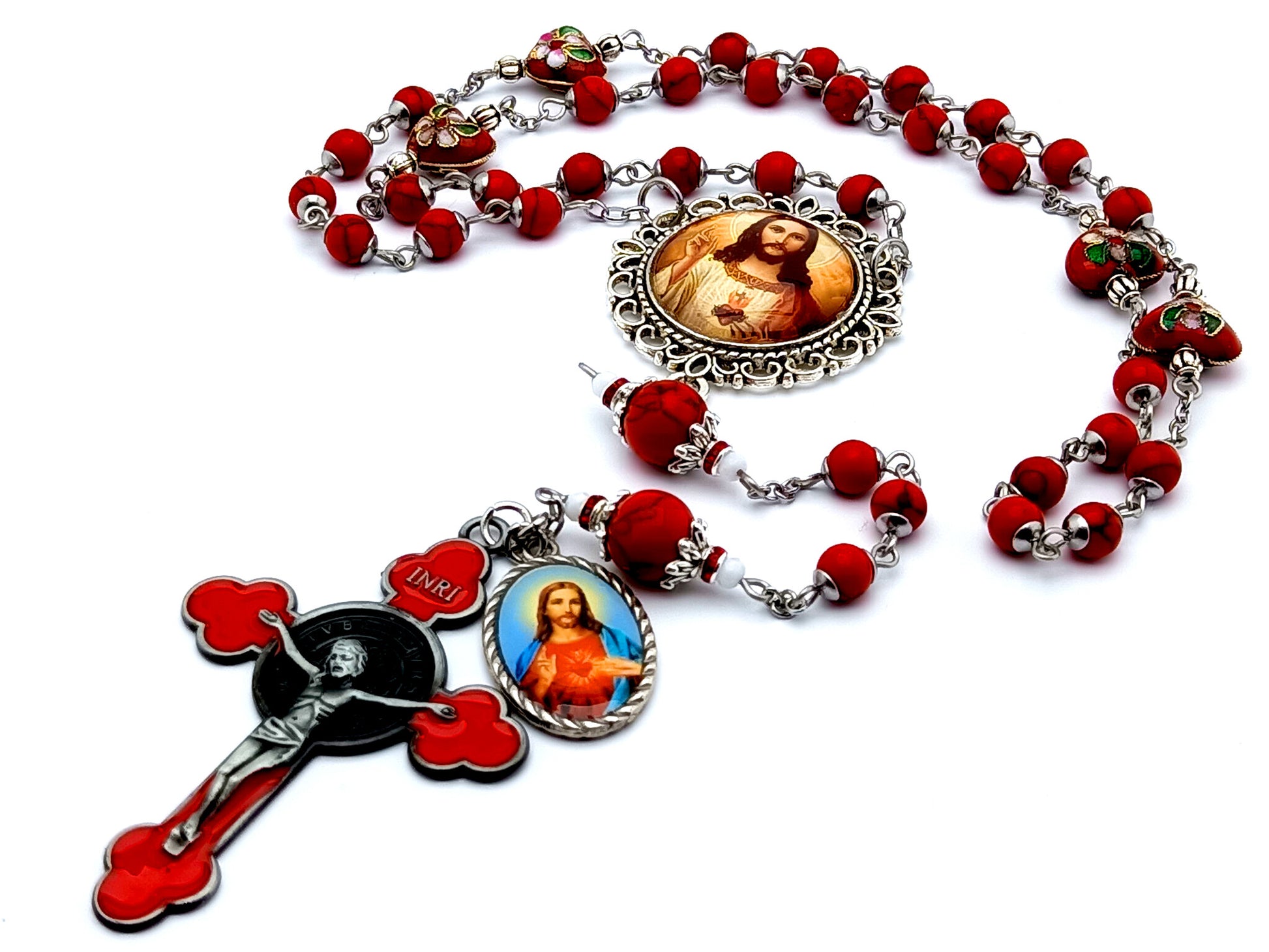 Sacred Heart unique rosary beads gemstone prayer chaplet with enamel Saint Benedict crucifix and cloisonné heart beads.