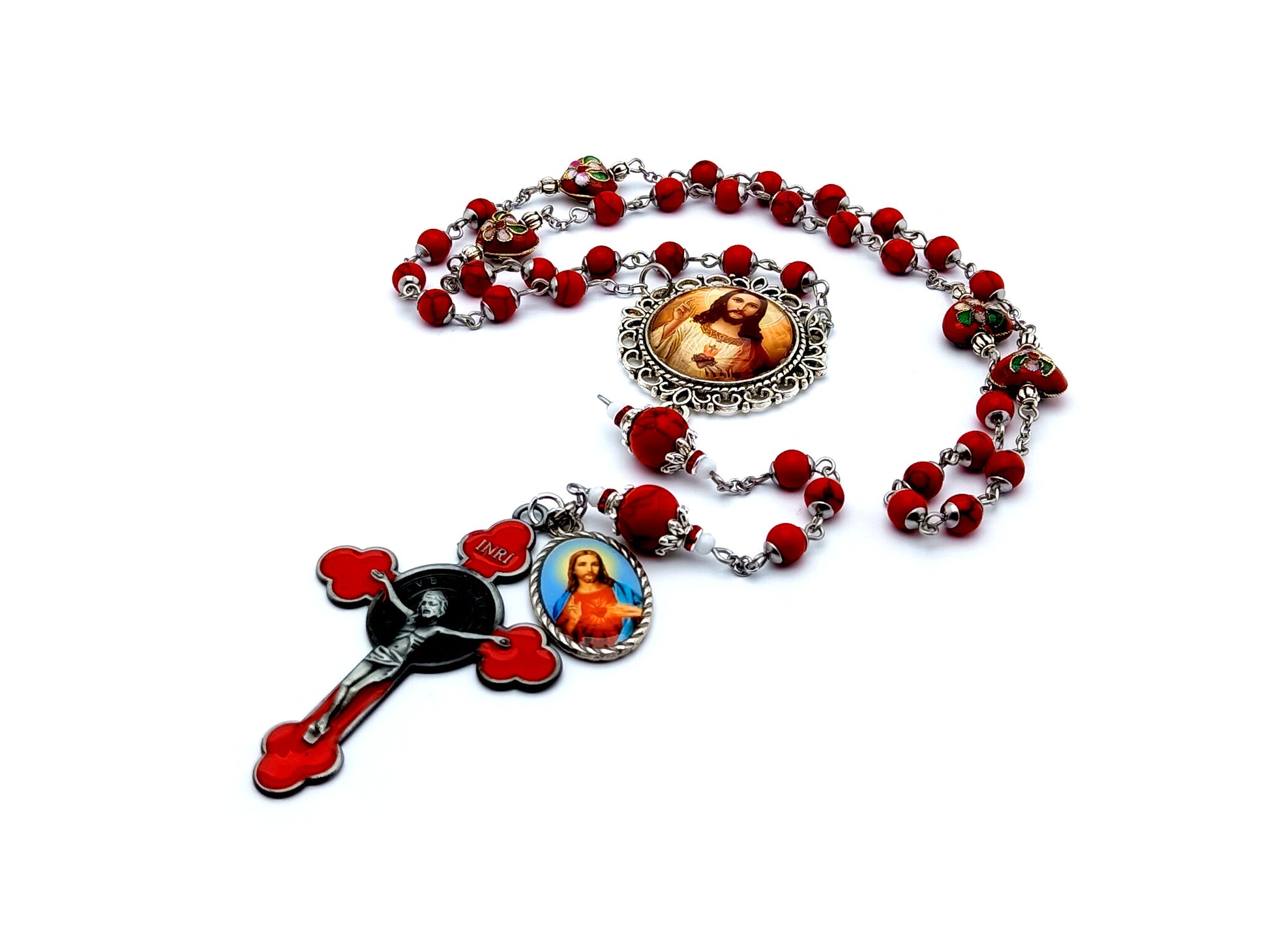 Sacred Heart unique rosary beads gemstone prayer chaplet with enamel Saint Benedict crucifix and cloisonné heart beads.