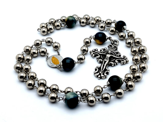 Saint Benedict unique rosary beads  large stainless steel rosary beads with tigers eye Our Father gemstones and stainless steel filigree crucifix.