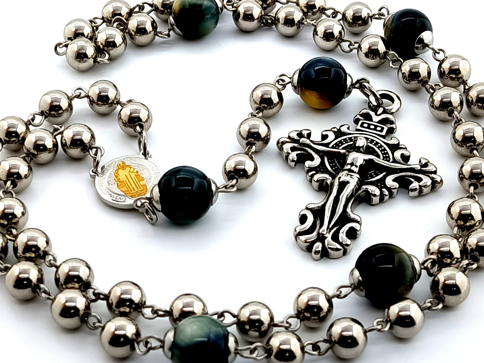 Saint Benedict unique rosary beads  large stainless steel rosary beads with tigers eye Our Father gemstones and stainless steel filigree crucifix.