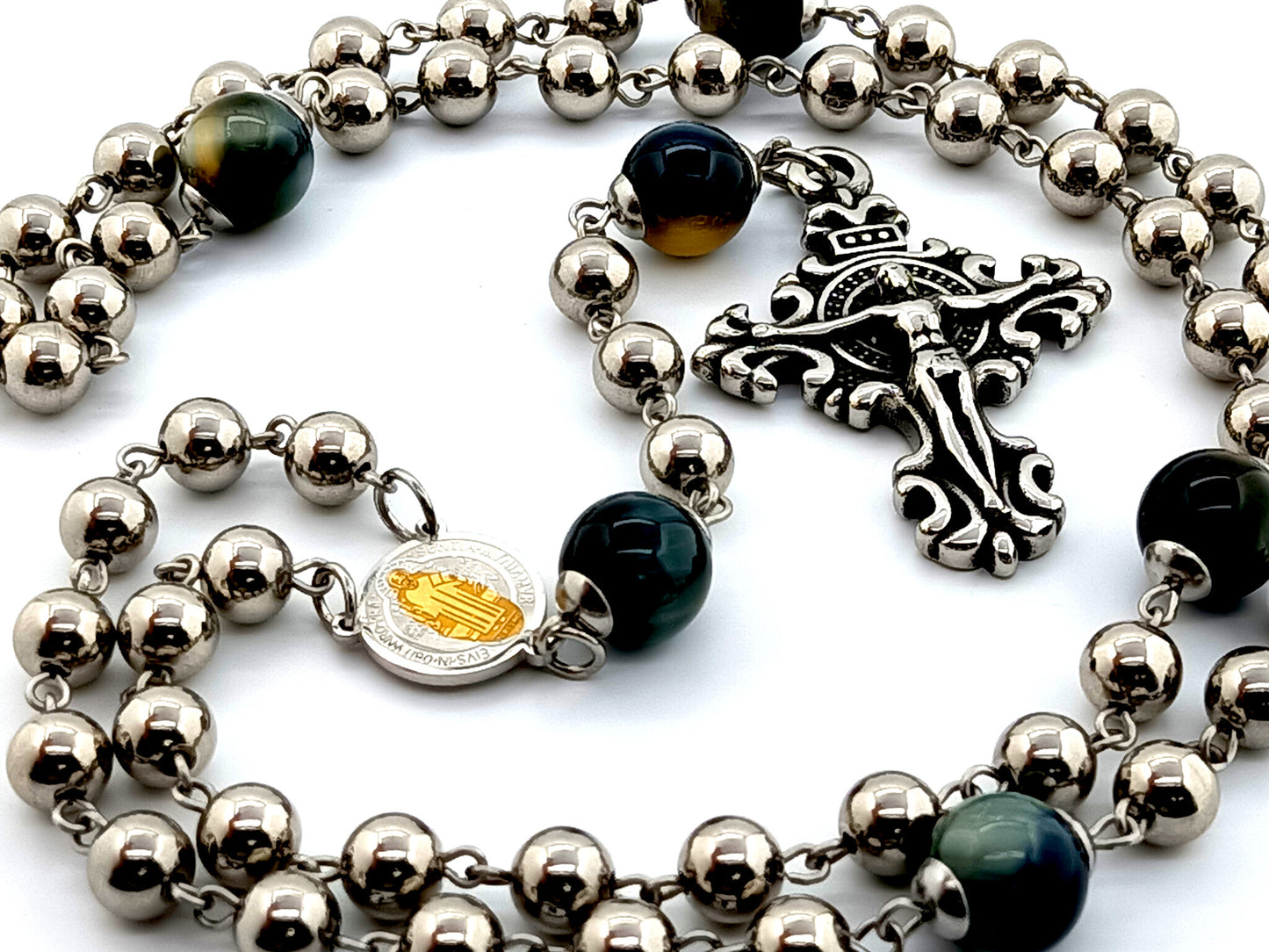 Saint Benedict unique rosary beads  large stainless steel rosary beads with tigers eye Our Father gemstones and stainless steel filigree crucifix.