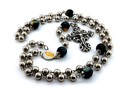 Saint Benedict unique rosary beads  large stainless steel rosary beads with tigers eye Our Father gemstones and stainless steel filigree crucifix.