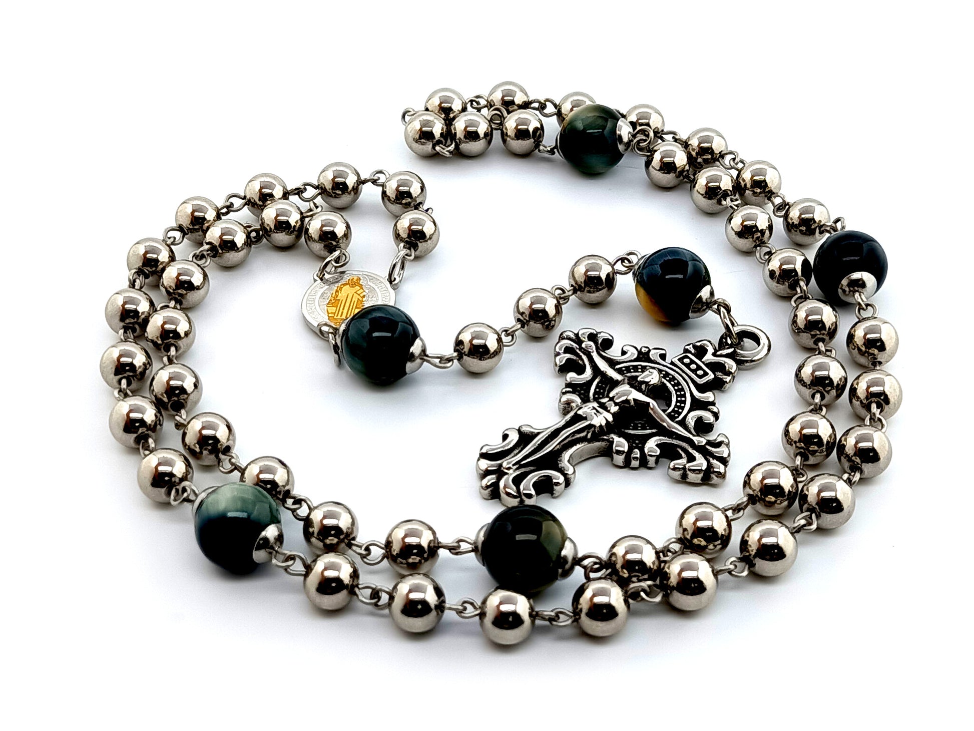 Saint Benedict unique rosary beads  large stainless steel rosary beads with tigers eye Our Father gemstones and stainless steel filigree crucifix.