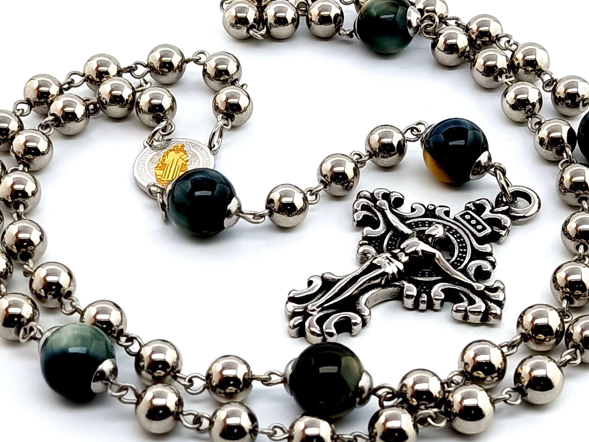 Saint Benedict unique rosary beads  large stainless steel rosary beads with tigers eye Our Father gemstones and stainless steel filigree crucifix.