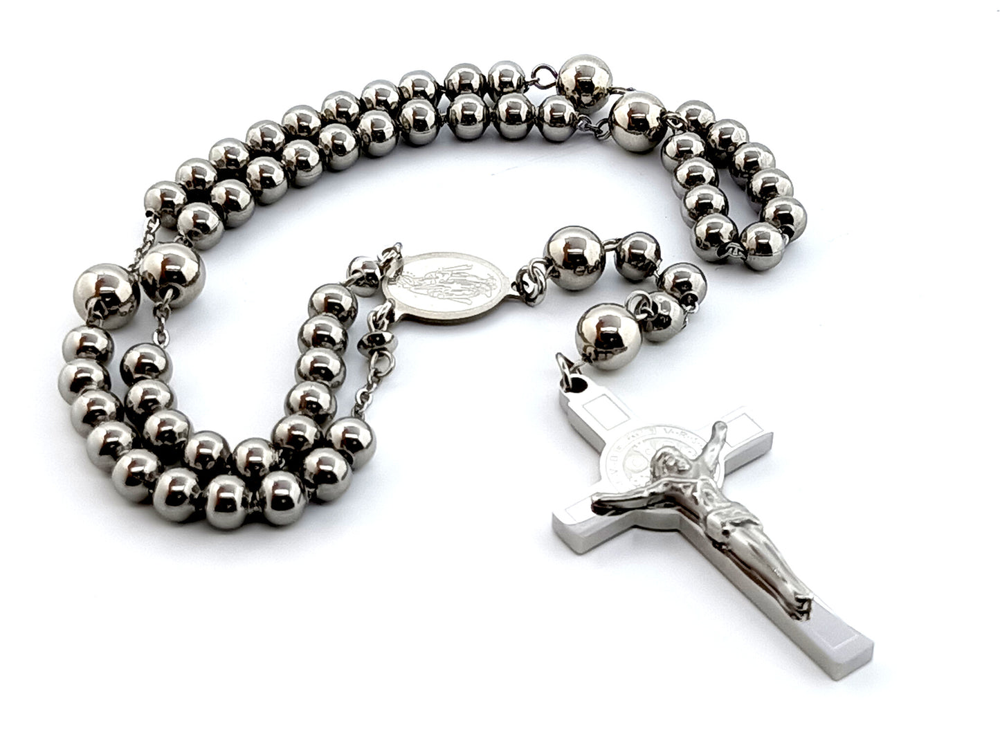 Miraculous medal unique rosary beads stainless steel rosary beads with Saint Benedict stainless steel crucifix.