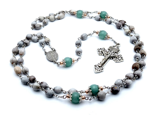 Miraculous medal unique rosary beads Jobs tears rosary beads with Pardon crucifix and aquamarine gemstone Our Father beads.