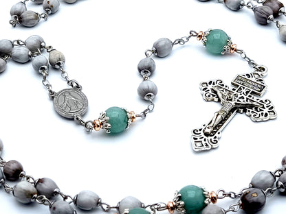 Miraculous medal unique rosary beads Jobs tears rosary beads with Pardon crucifix and aquamarine gemstone Our Father beads.