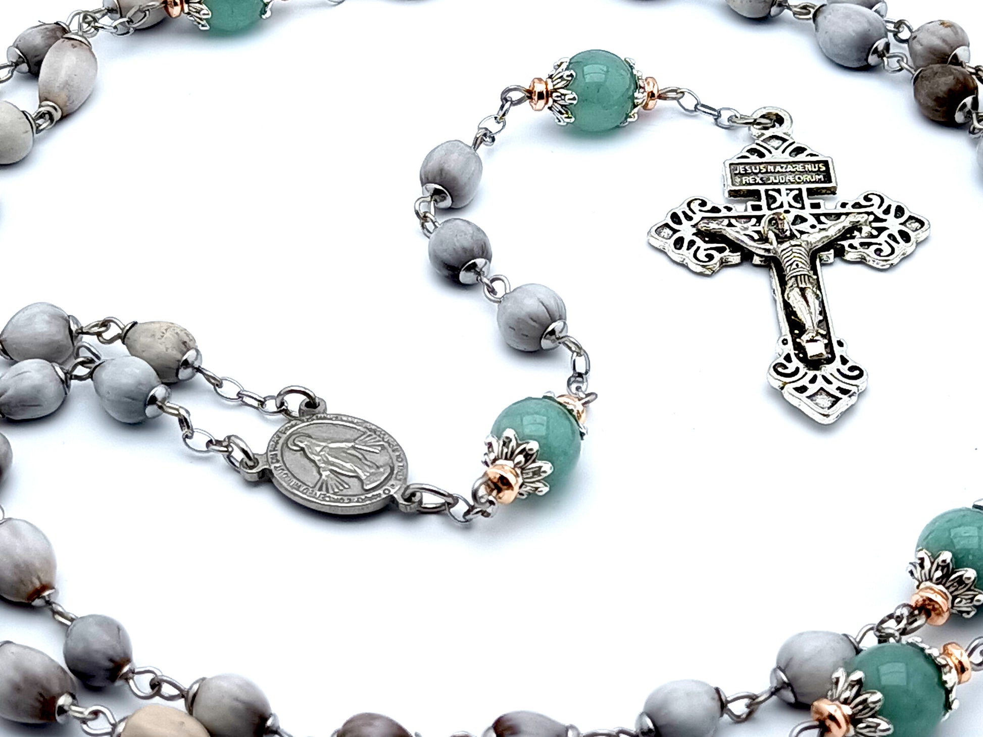 Miraculous medal unique rosary beads Jobs tears rosary beads with Pardon crucifix and aquamarine gemstone Our Father beads.