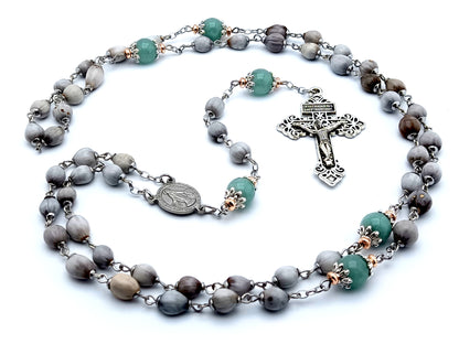 Miraculous medal unique rosary beads Jobs tears rosary beads with Pardon crucifix and aquamarine gemstone Our Father beads.