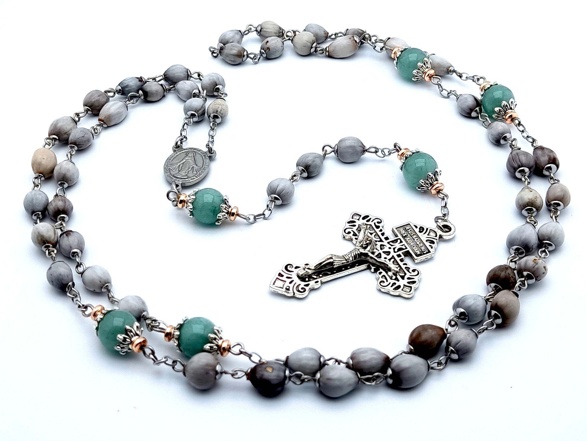 Miraculous medal unique rosary beads Jobs tears rosary beads with Pardon crucifix and aquamarine gemstone Our Father beads.