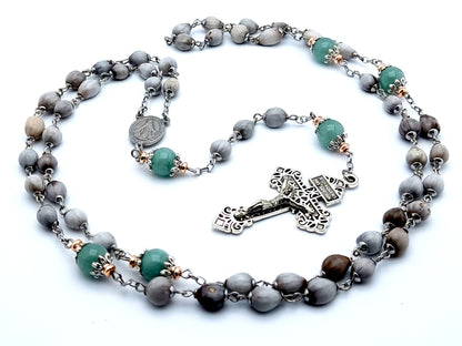 Miraculous medal unique rosary beads Jobs tears rosary beads with Pardon crucifix and aquamarine gemstone Our Father beads.