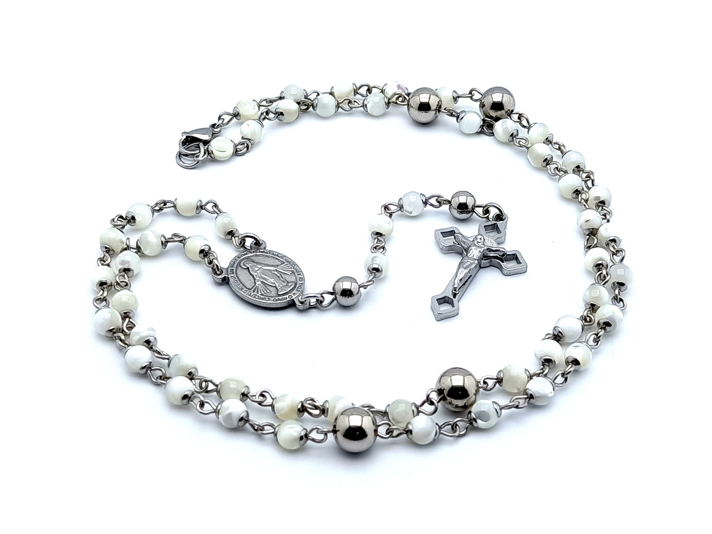 Miraculous medal unique rosary beads mother of pearl rosary bead necklace with stainless steel Saint Benedict crucifix.