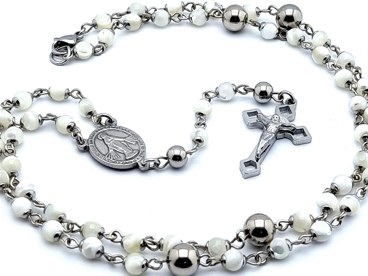 Miraculous medal unique rosary beads mother of pearl rosary bead necklace with stainless steel Saint Benedict crucifix.