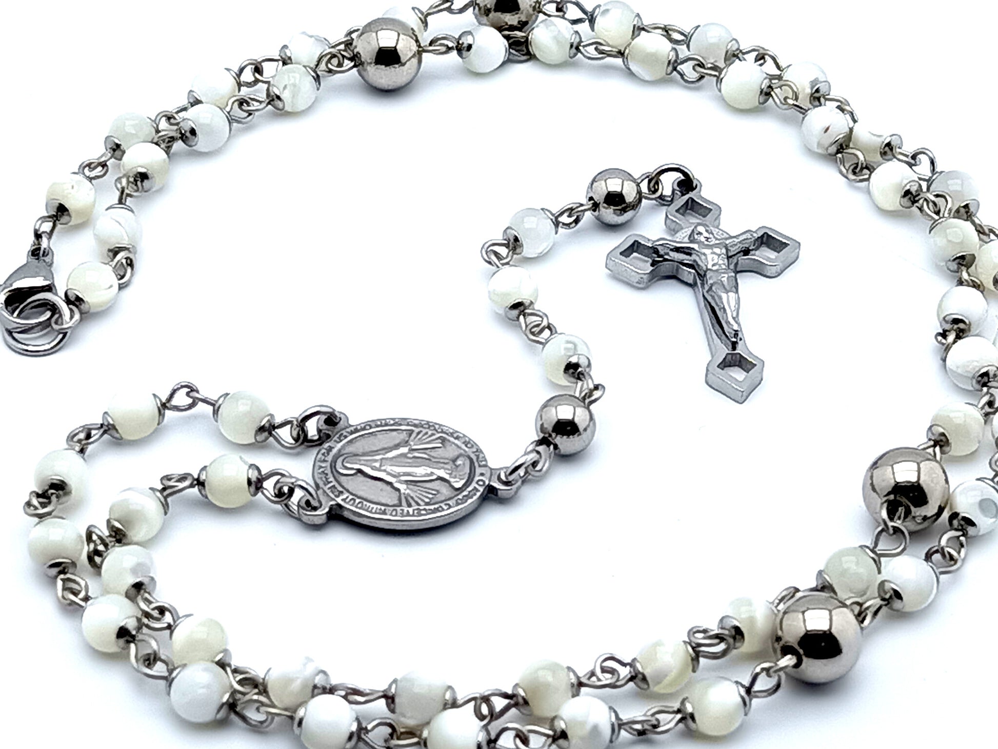 Miraculous medal unique rosary beads mother of pearl rosary bead necklace with stainless steel Saint Benedict crucifix.