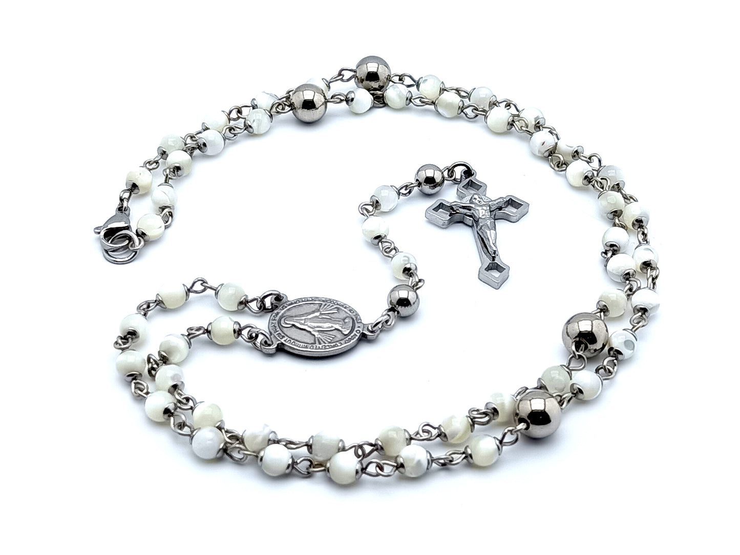 Miraculous medal unique rosary beads mother of pearl rosary bead necklace with stainless steel Saint Benedict crucifix.