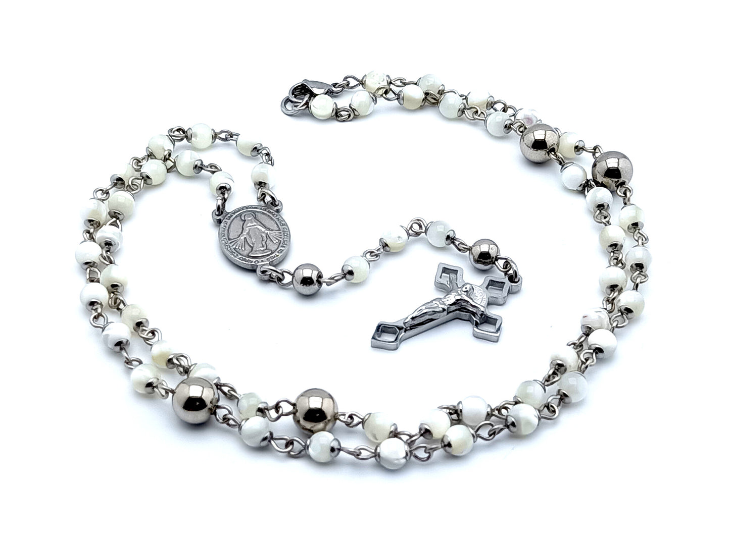 Miraculous medal unique rosary beads mother of pearl rosary bead necklace with stainless steel Saint Benedict crucifix.