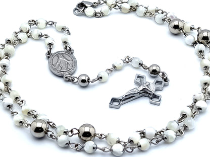 Miraculous medal unique rosary beads mother of pearl rosary bead necklace with stainless steel Saint Benedict crucifix.