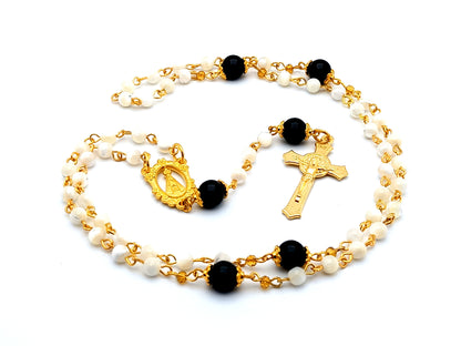 Our Lady of Charity unique rosary beads mother of pearl rosary beads with onyx gemstone Our Father beads and gold plated Saint Benedict crucifix.