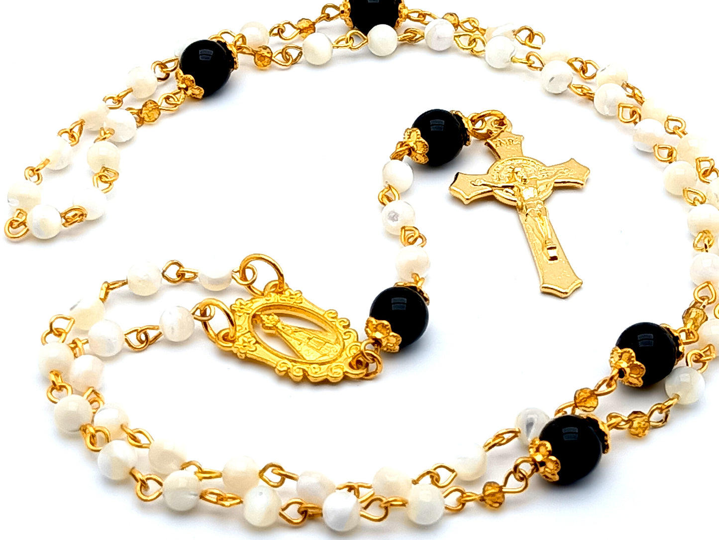 Our Lady of Charity unique rosary beads mother of pearl rosary beads with onyx gemstone Our Father beads and gold plated Saint Benedict crucifix.