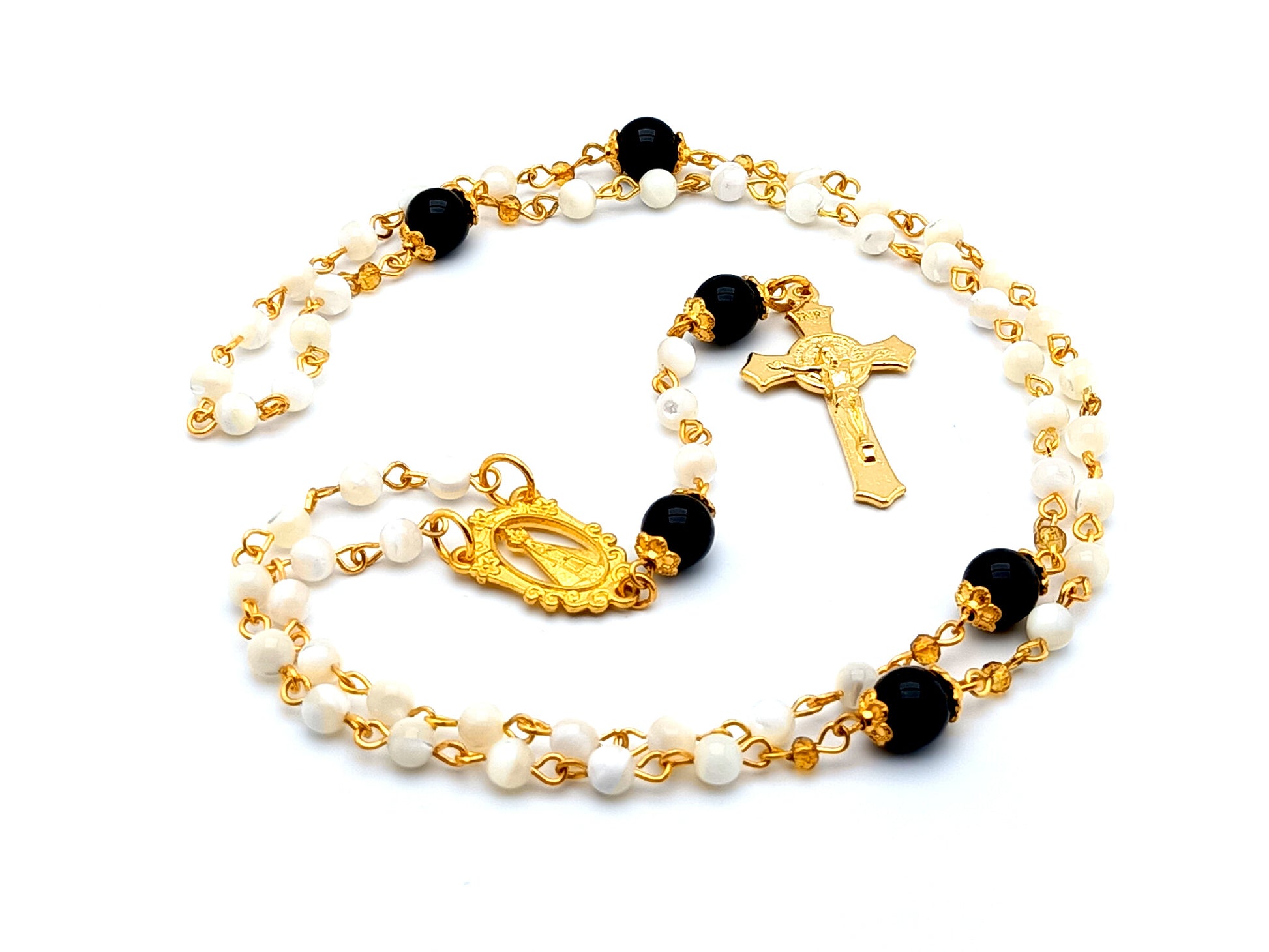 Our Lady of Charity unique rosary beads mother of pearl rosary beads with onyx gemstone Our Father beads and gold plated Saint Benedict crucifix.