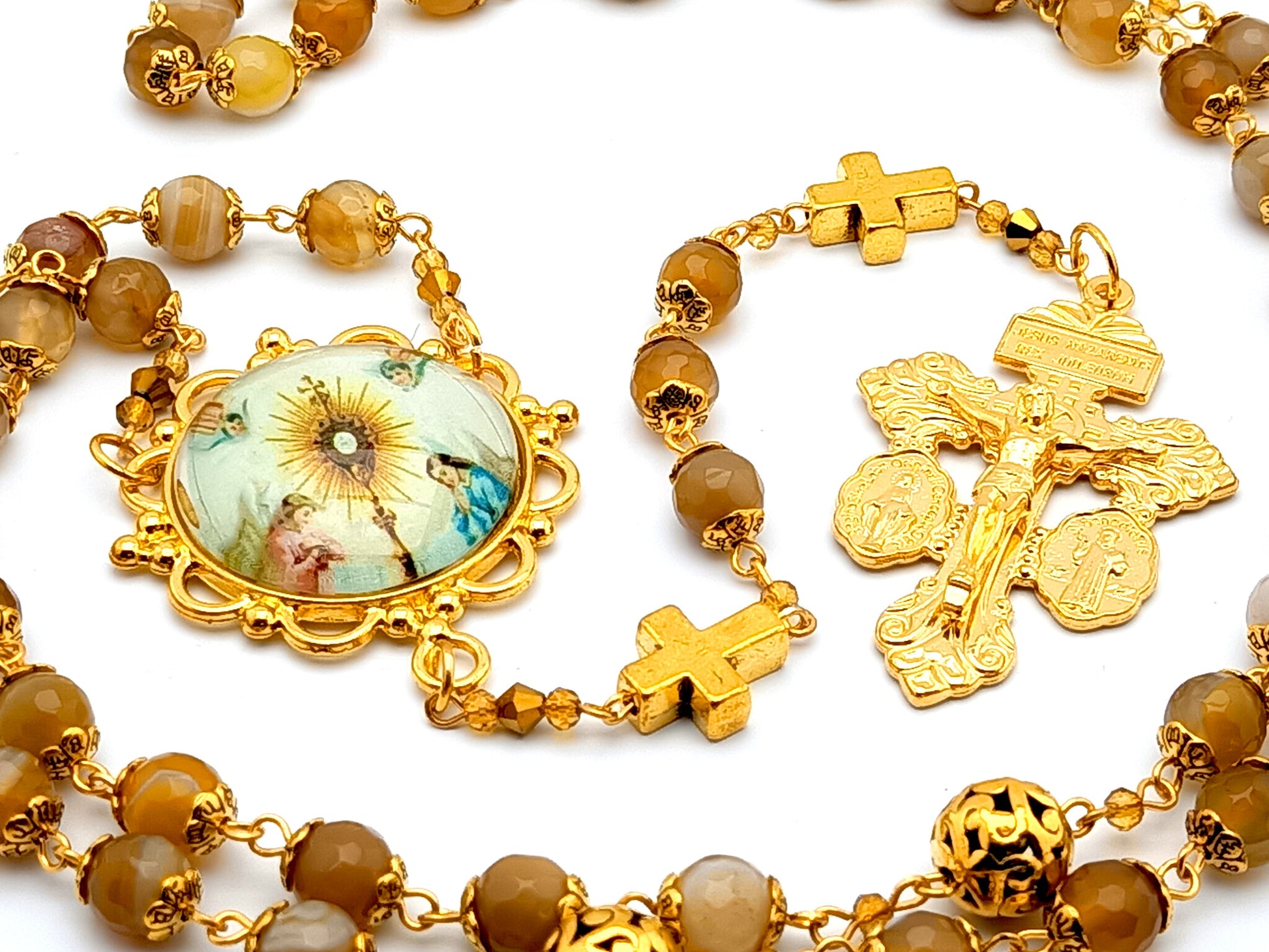 Blessed Sacrament unique rosary beads gemstone rosary beads with gold plated Pardon crucifix and gold filigree Our Father beads.