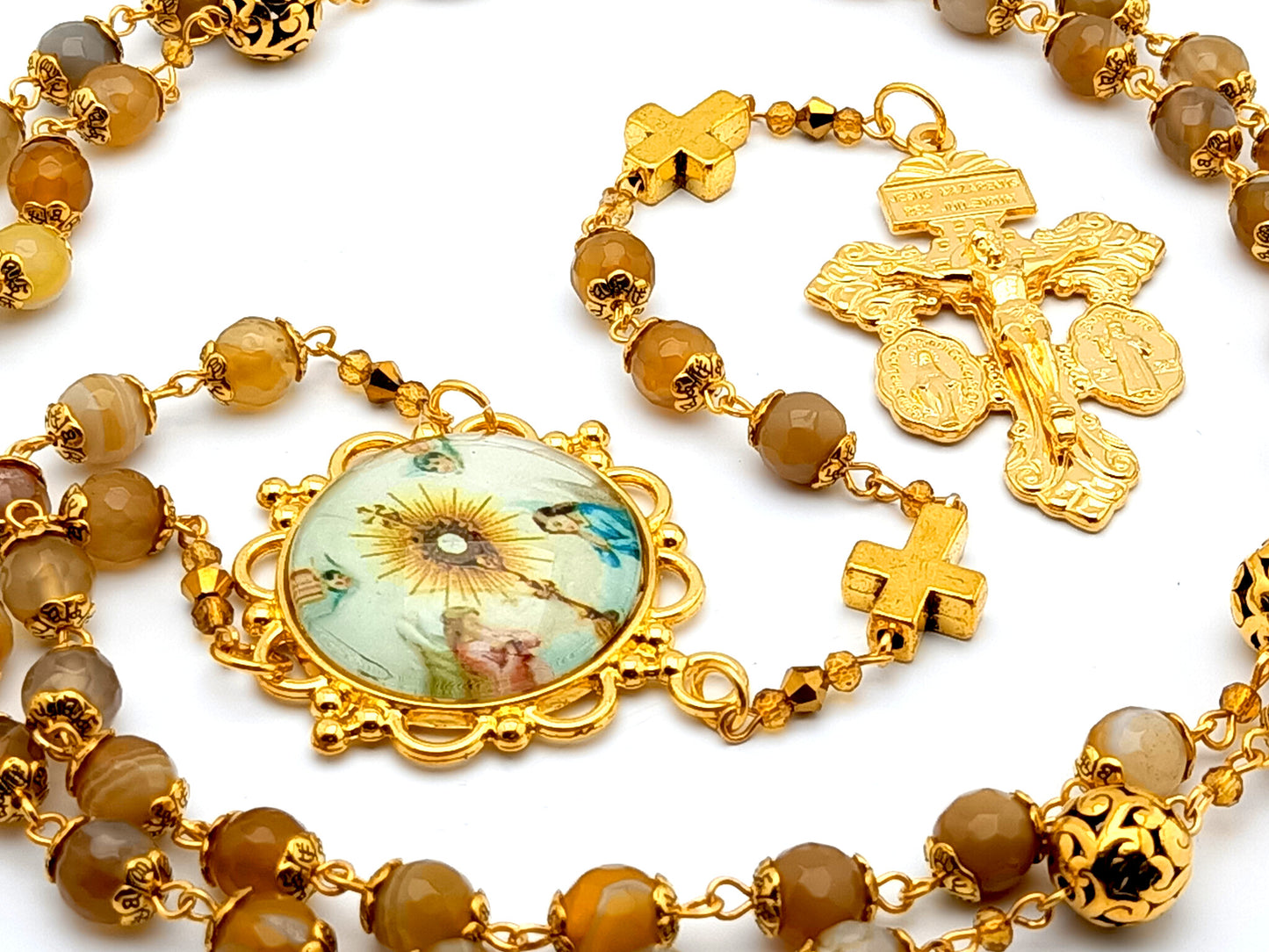 Blessed Sacrament unique rosary beads gemstone rosary beads with gold plated Pardon crucifix and gold filigree Our Father beads.