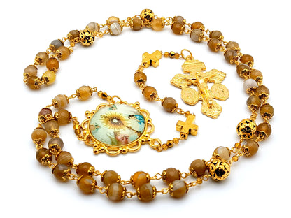 Blessed Sacrament unique rosary beads gemstone rosary beads with gold plated Pardon crucifix and gold filigree Our Father beads.