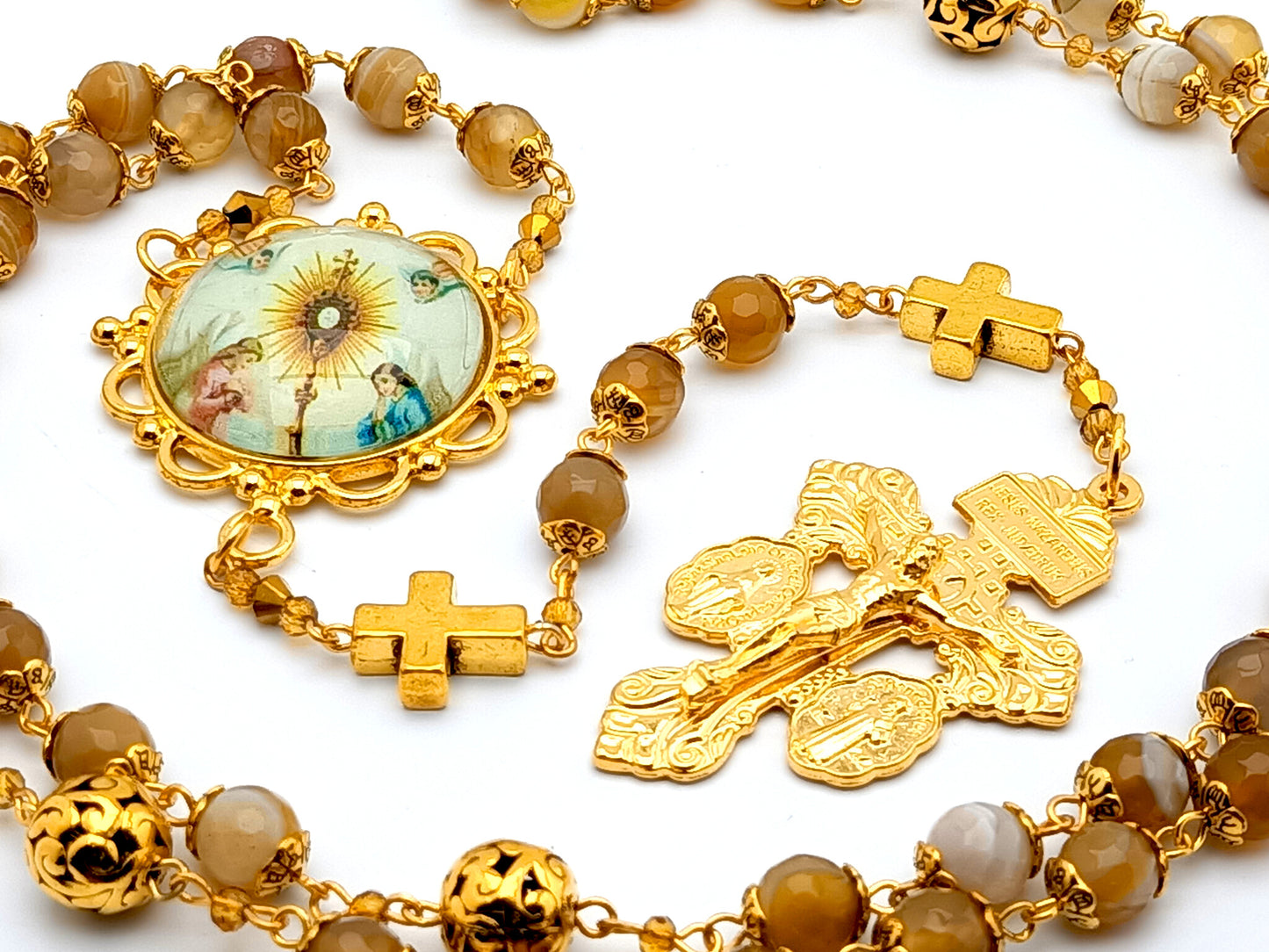 Blessed Sacrament unique rosary beads gemstone rosary beads with gold plated Pardon crucifix and gold filigree Our Father beads.