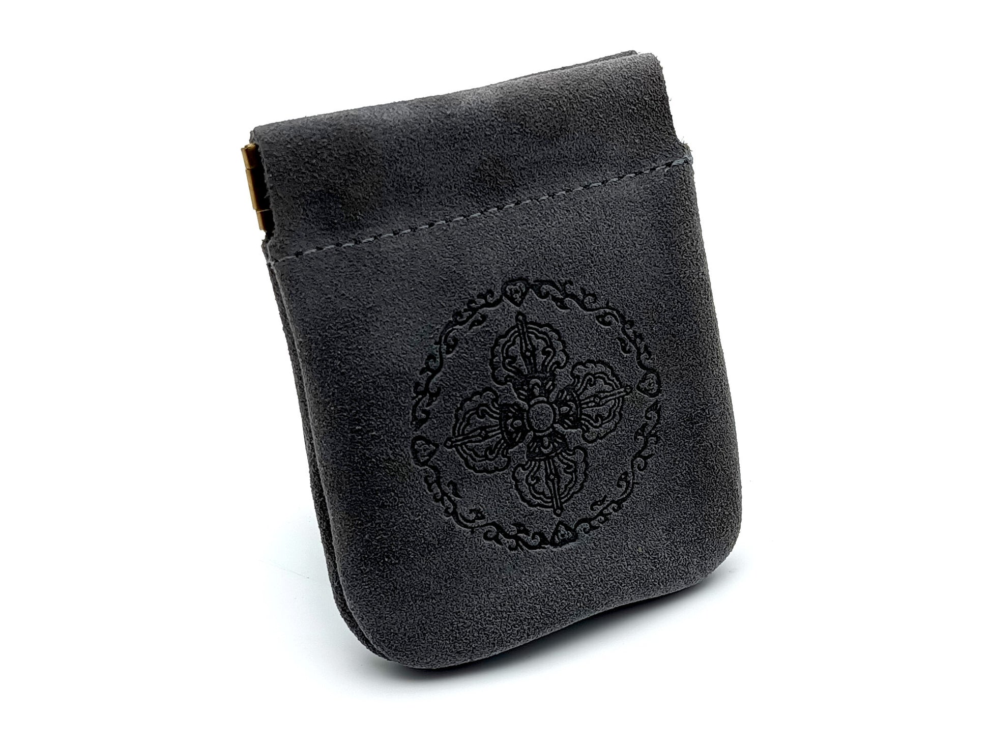 Unique rosary beads grey nubuck suede real leather rosary pouch with pop open top.