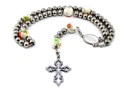 Our Lady of Grace unique rosary beads  stainless steel rosary beads with porcelain floral Our father beads.