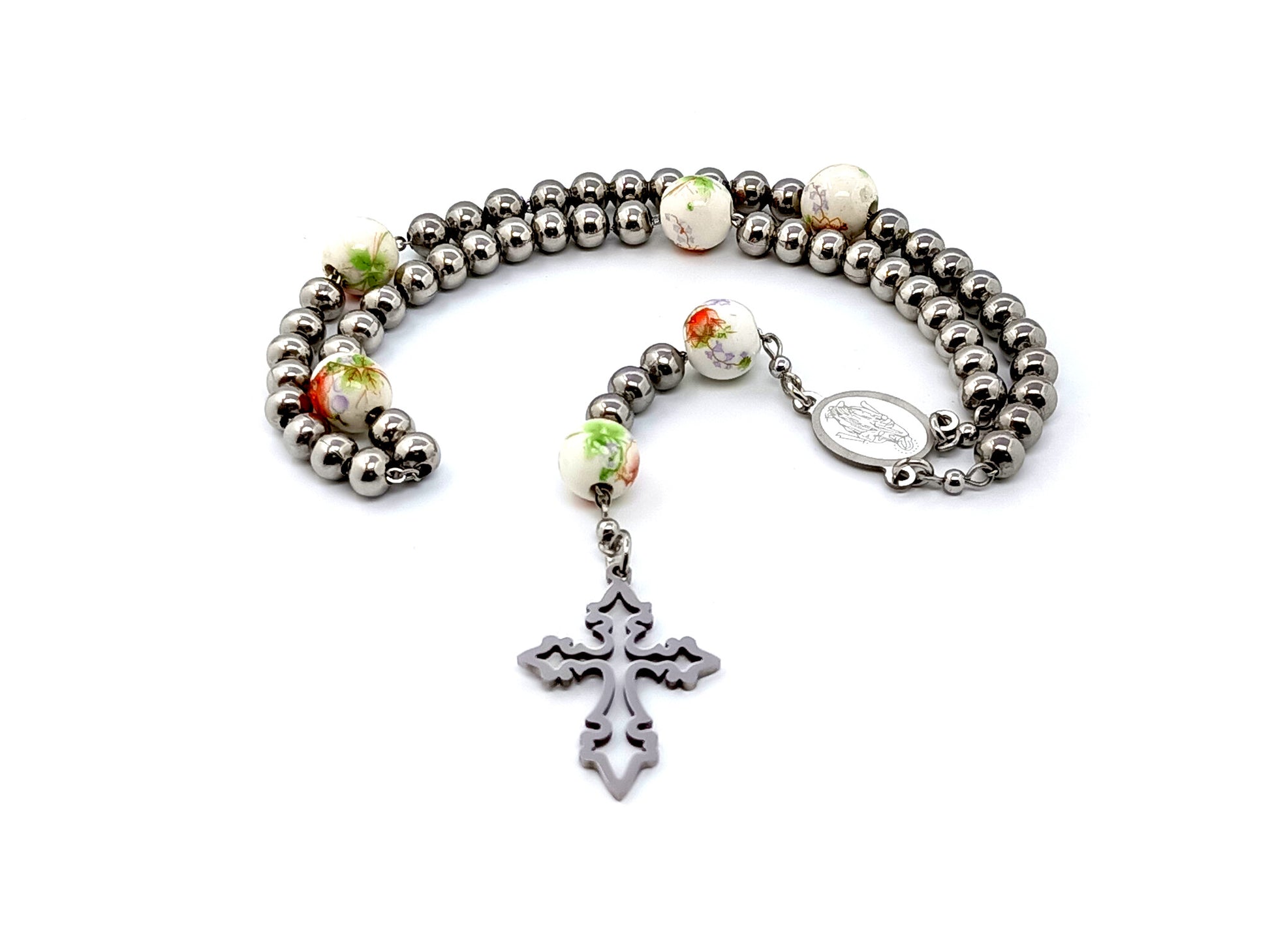 Our Lady of Grace unique rosary beads  stainless steel rosary beads with porcelain floral Our father beads.