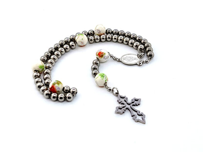 Our Lady of Grace unique rosary beads  stainless steel rosary beads with porcelain floral Our father beads.