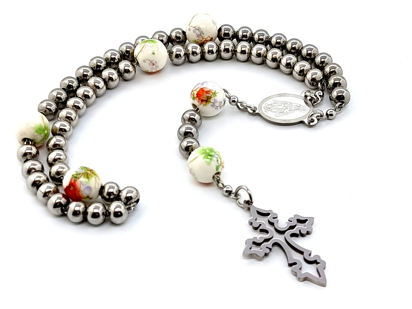 Our Lady of Grace unique rosary beads  stainless steel rosary beads with porcelain floral Our father beads.