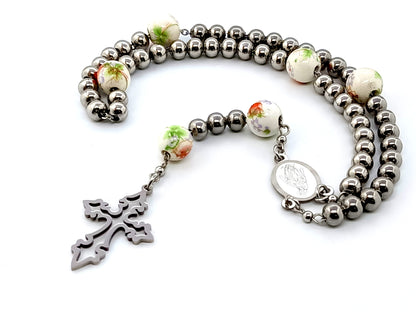 Our Lady of Grace unique rosary beads  stainless steel rosary beads with porcelain floral Our father beads.