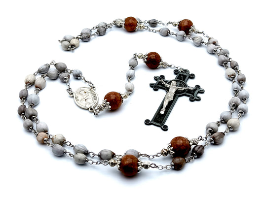 Saint Francis of Assis and Saint Anthony of Padua unique rosary beads Jobs tears rosary beads with gemstone Our Father beads and Saint Benedict crucifix.