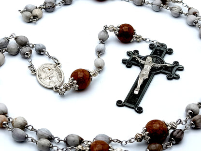 Saint Francis of Assis and Saint Anthony of Padua unique rosary beads Jobs tears rosary beads with gemstone Our Father beads and Saint Benedict crucifix.