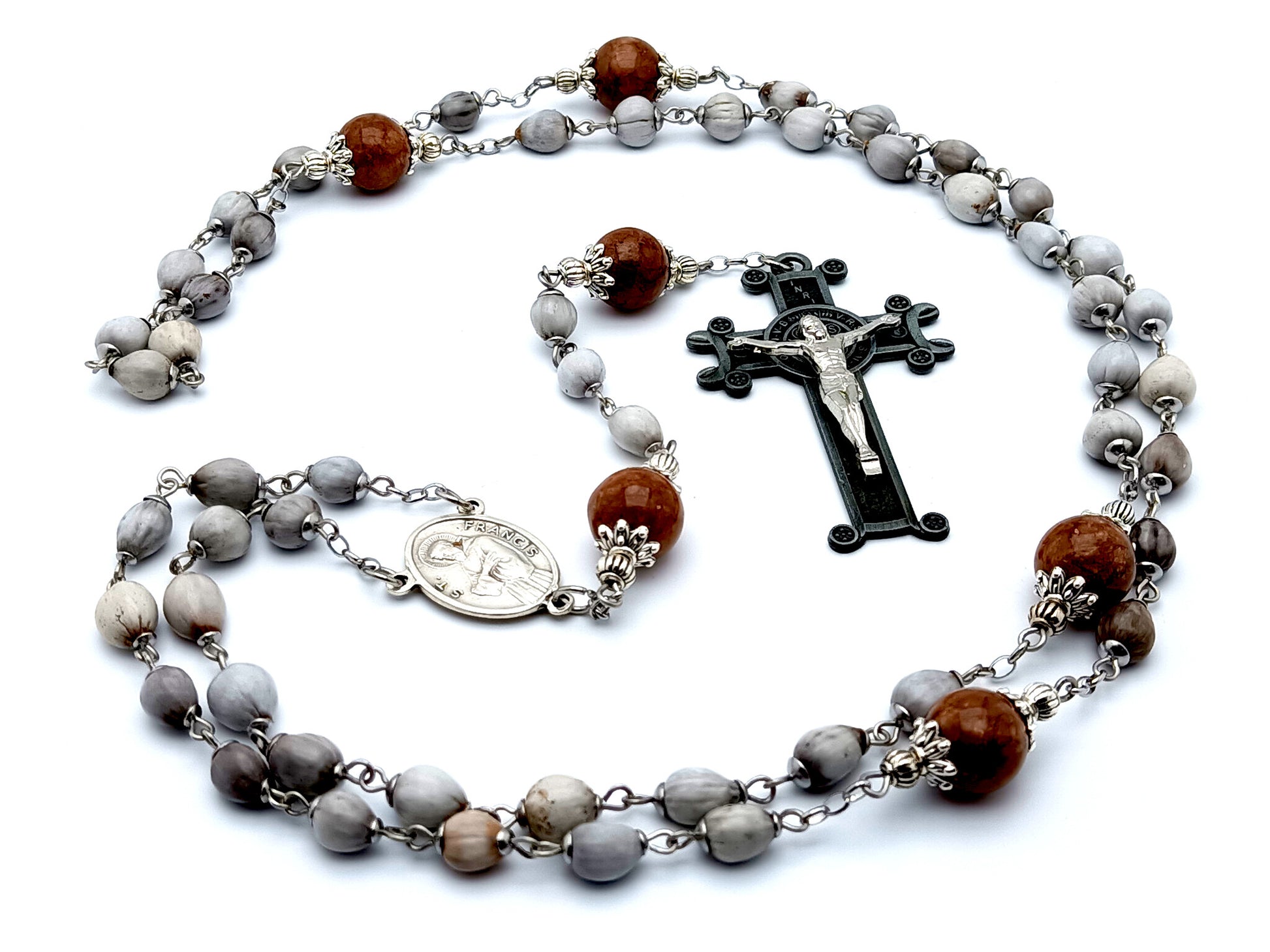 Saint Francis of Assis and Saint Anthony of Padua unique rosary beads Jobs tears rosary beads with gemstone Our Father beads and Saint Benedict crucifix.