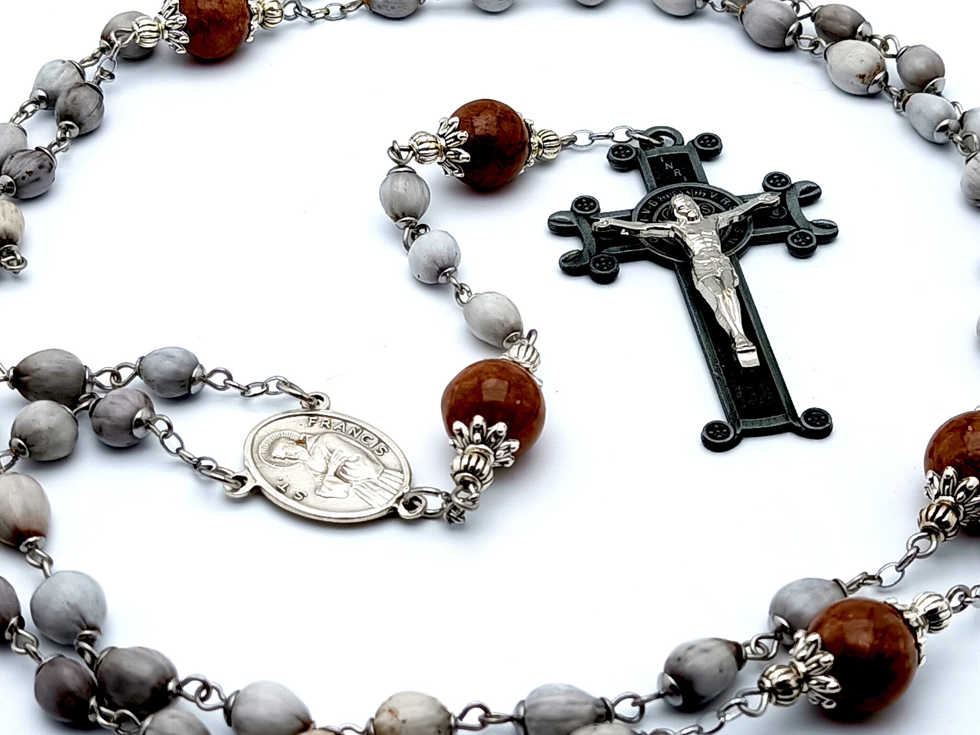 Saint Francis of Assis and Saint Anthony of Padua unique rosary beads Jobs tears rosary beads with gemstone Our Father beads and Saint Benedict crucifix.