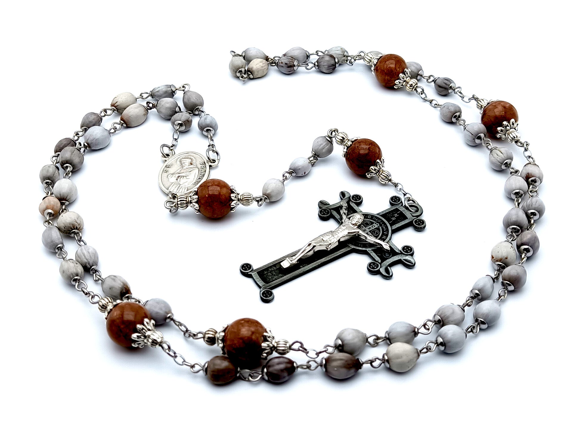 Saint Francis of Assis and Saint Anthony of Padua unique rosary beads Jobs tears rosary beads with gemstone Our Father beads and Saint Benedict crucifix.