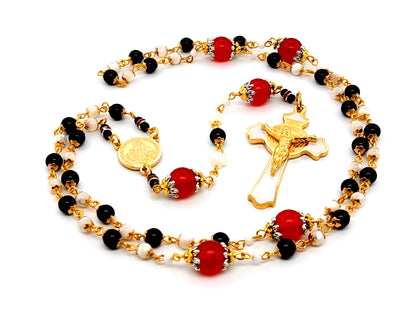 Miraculous medal unique rosary beads  mother of pearl and onyx gemstone rosary beads with enamel Saint Benedict crucifix with ruby gemstone Our Father beads.