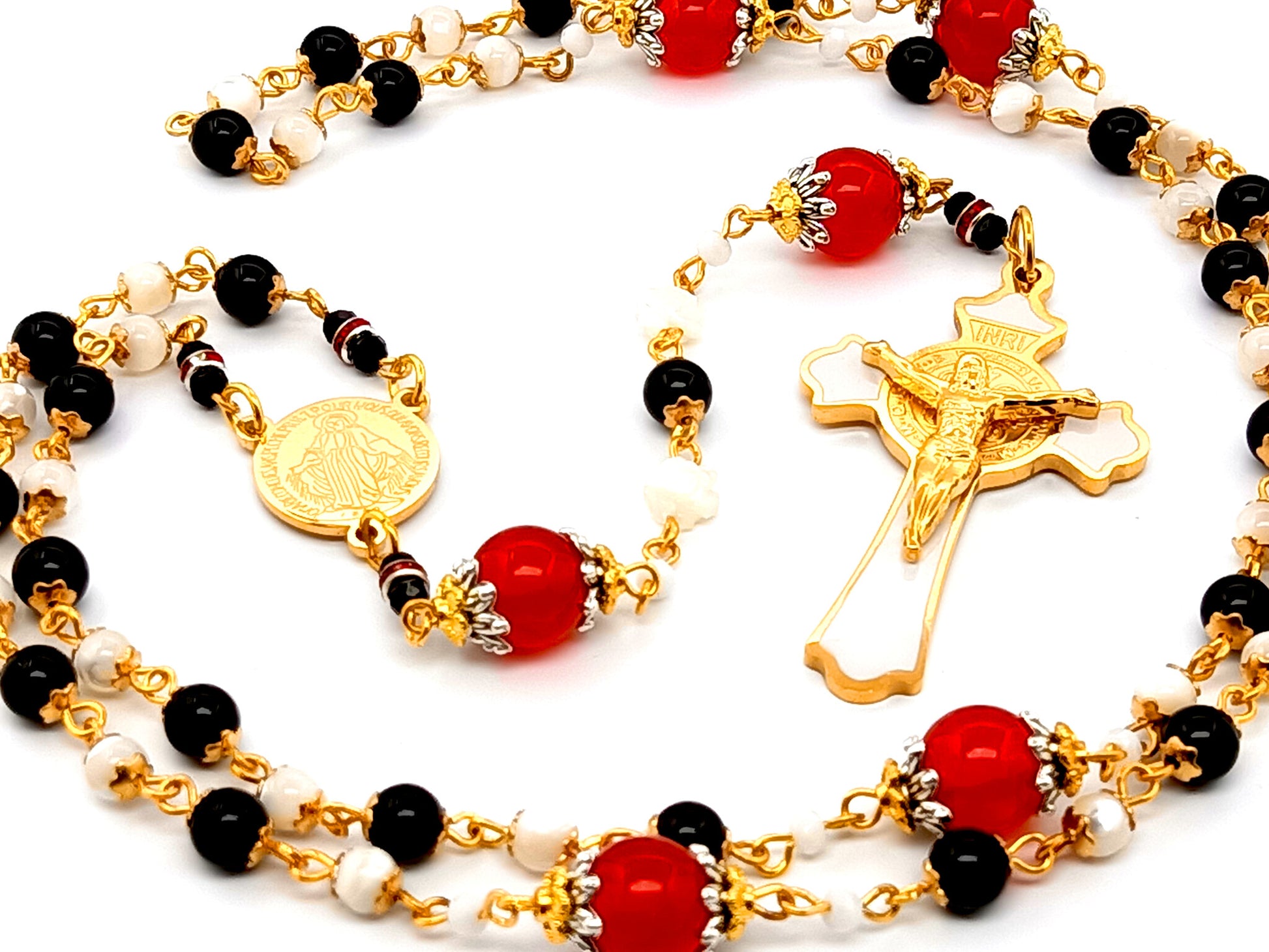 Miraculous medal unique rosary beads  mother of pearl and onyx gemstone rosary beads with enamel Saint Benedict crucifix with ruby gemstone Our Father beads.