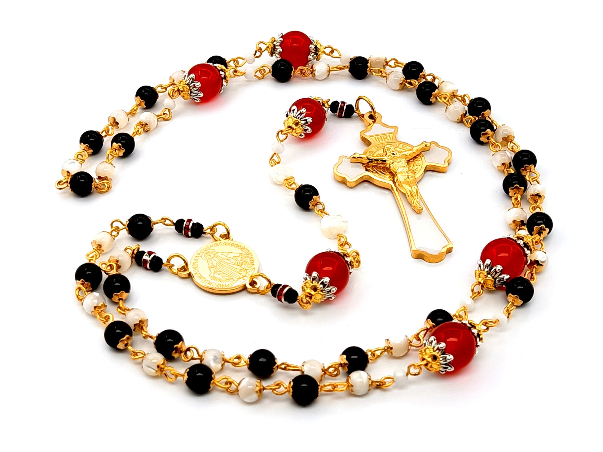 Miraculous medal unique rosary beads  mother of pearl and onyx gemstone rosary beads with enamel Saint Benedict crucifix with ruby gemstone Our Father beads.