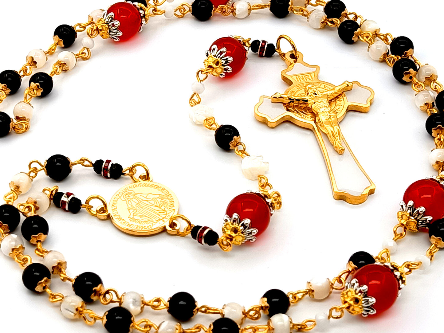 Miraculous medal unique rosary beads  mother of pearl and onyx gemstone rosary beads with enamel Saint Benedict crucifix with ruby gemstone Our Father beads.