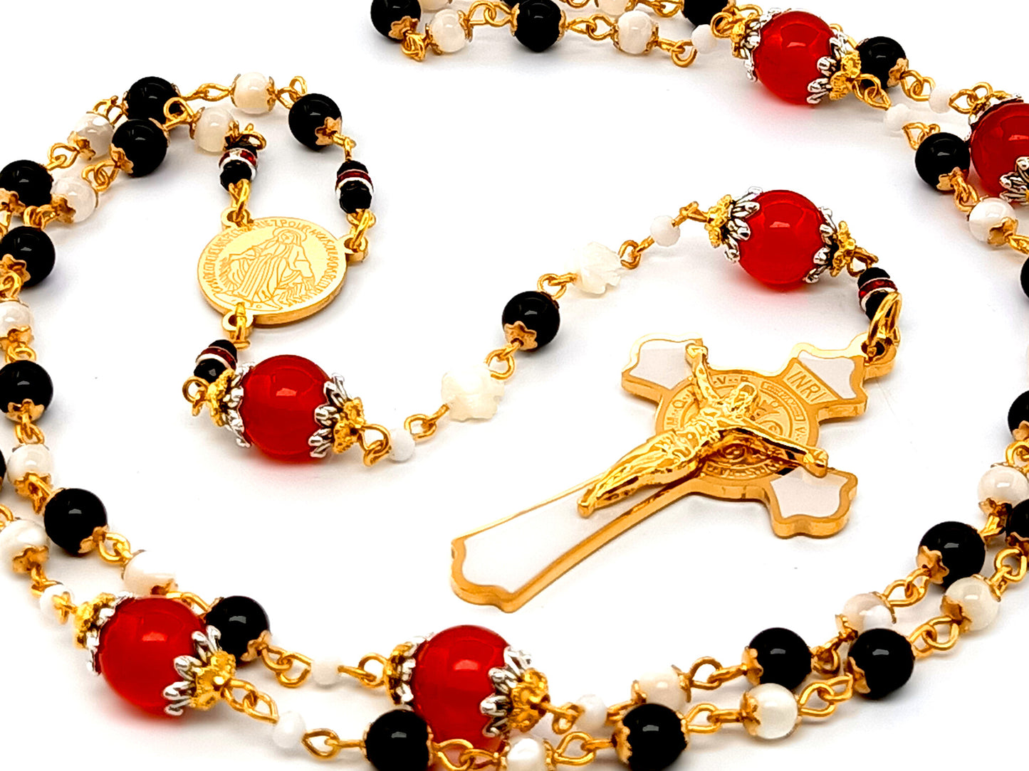 Miraculous medal unique rosary beads  mother of pearl and onyx gemstone rosary beads with enamel Saint Benedict crucifix with ruby gemstone Our Father beads.